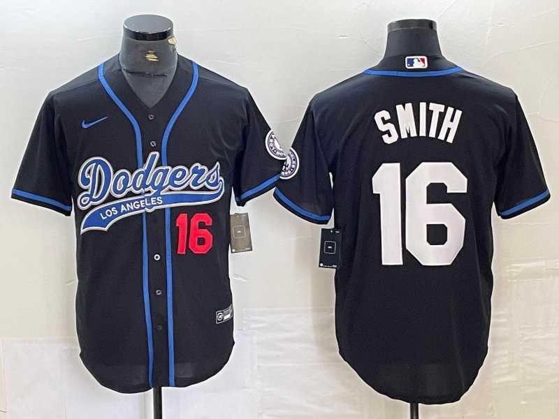 Mens Los Angeles Dodgers #16 Will Smith Number Black With Patch Cool Base Stitched Baseball Jersey